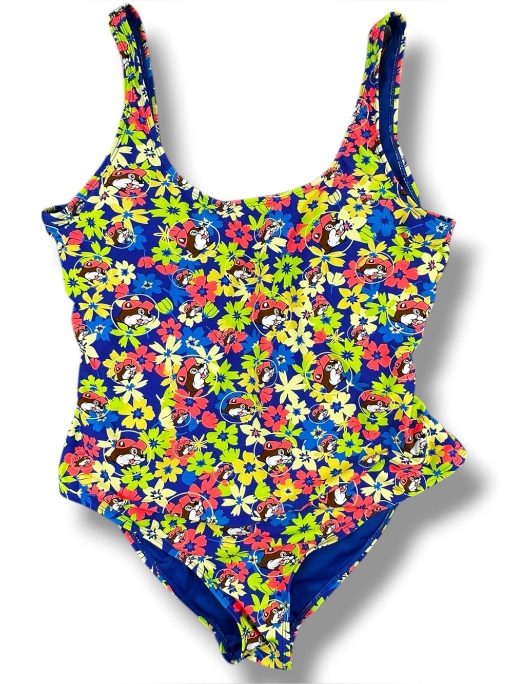 Buc-ee’s Tropical Floral One Piece Swimsuit Blue Neon Large NWT